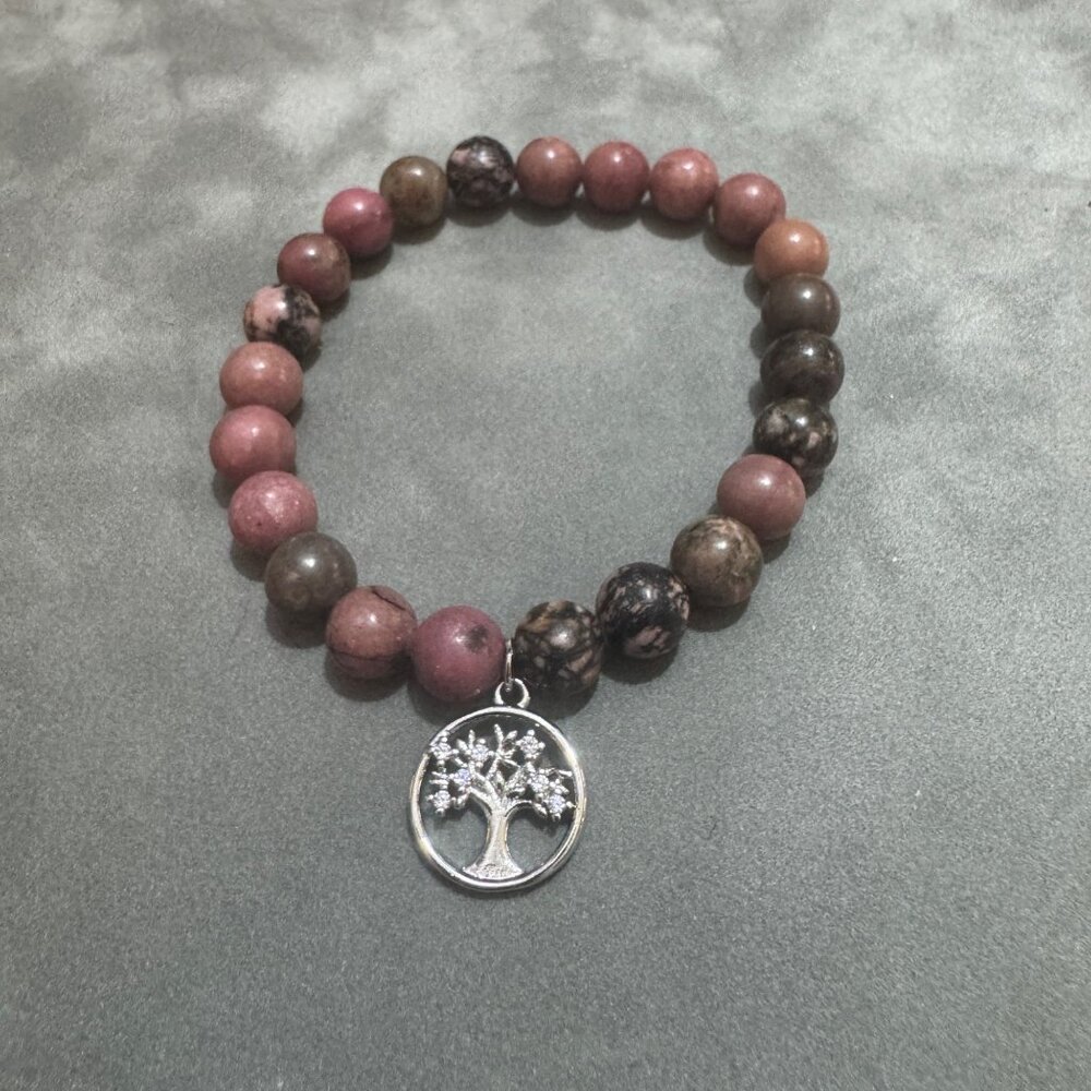 Rhodonite Jasper Beaded Bracelet With Tree Of Life Silver Charm Elastic Stretch